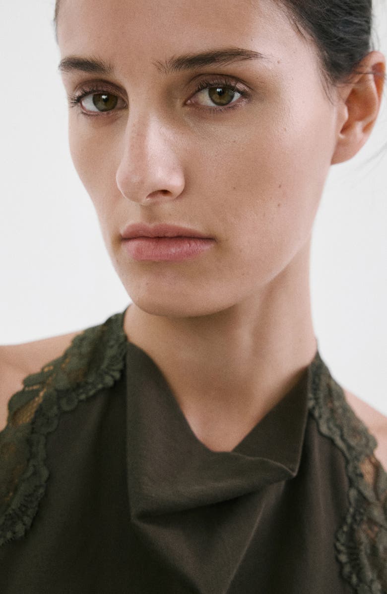 MANGO Kristen Draped Lace Detail Cotton Halter Top, Alternate, color, Khaki Green