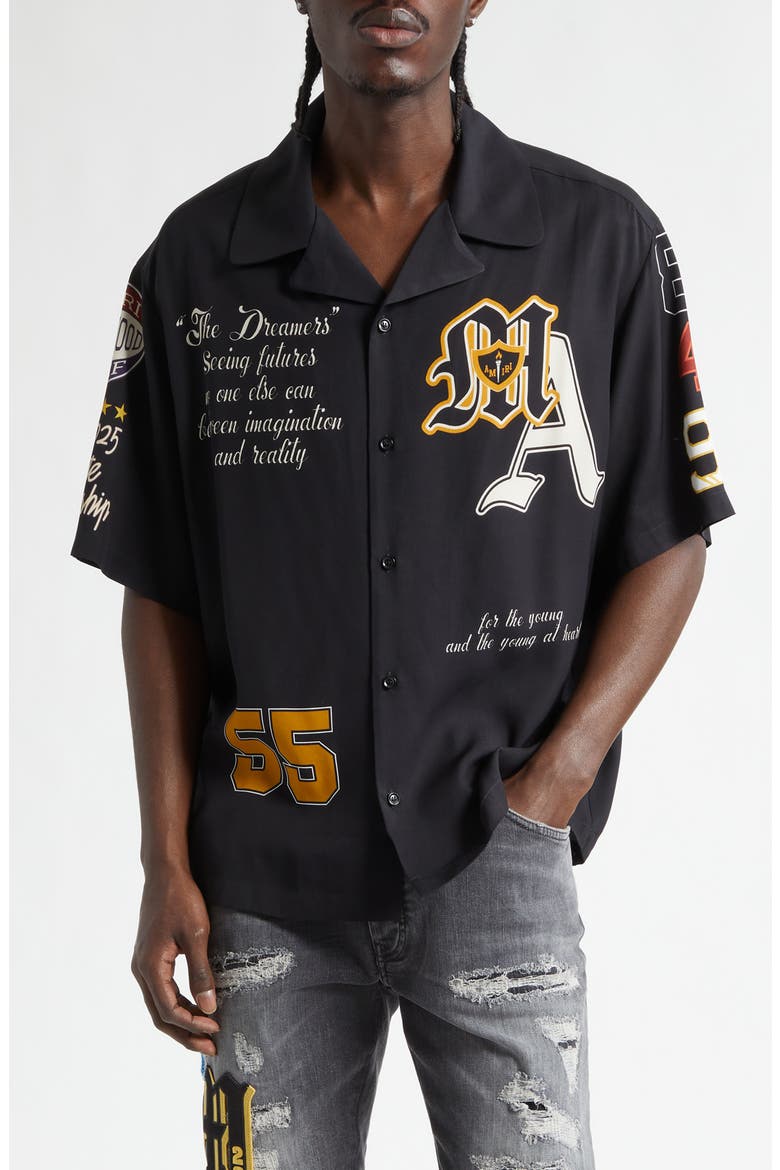 Varsity Patch Oversize Camp Shirt, Main, color, BLACK