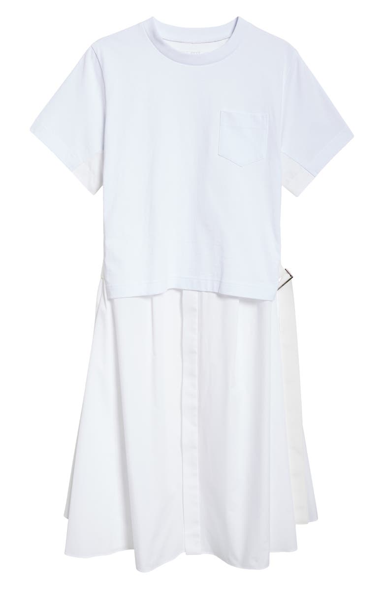 Sacai Mixed Media Poplin & Jersey Midi Dress, Main, color, Off White