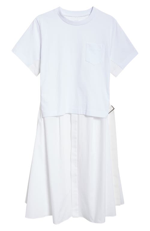 Sacai Mixed Media Poplin & Jersey Midi Dress In Off White