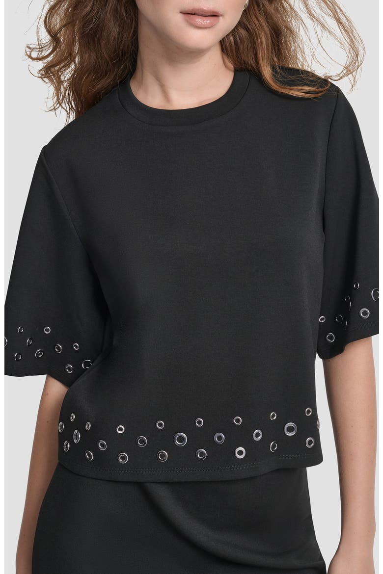 Grommet Trim Ponte Knit Top, Alternate, color, BLACK