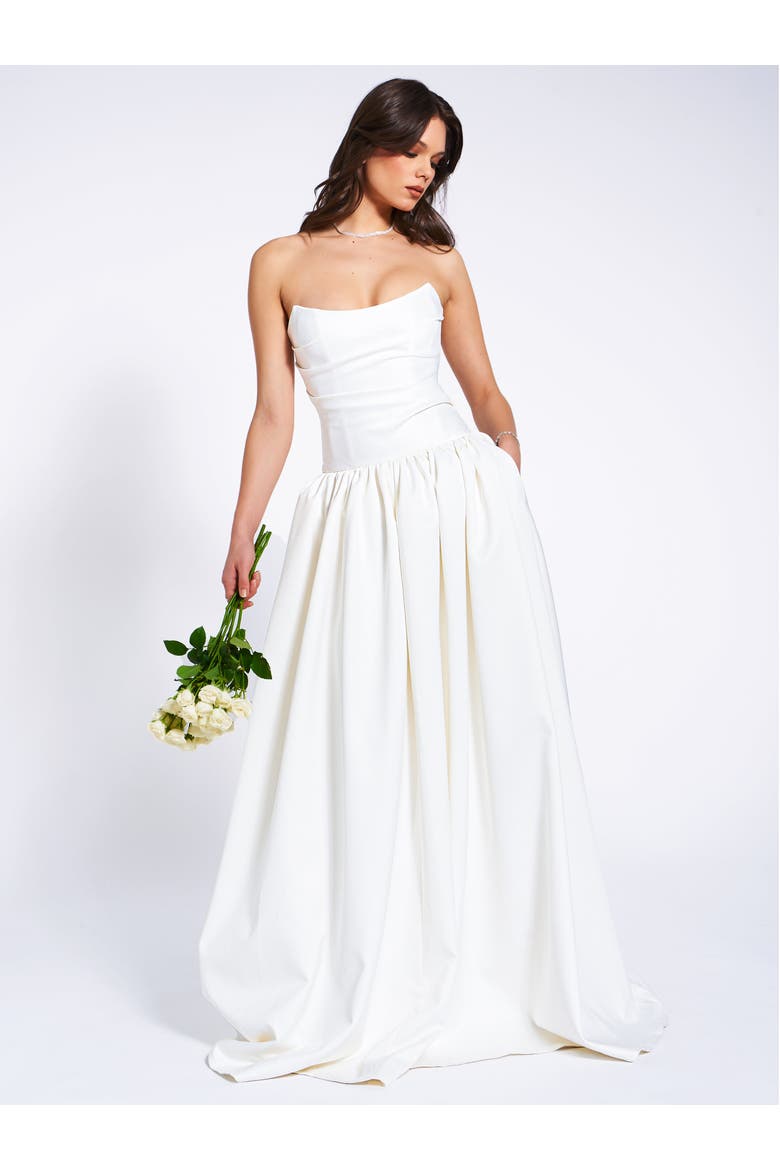 Umay Drop Waist Satin Corset Bridal Gown, Main, color, White