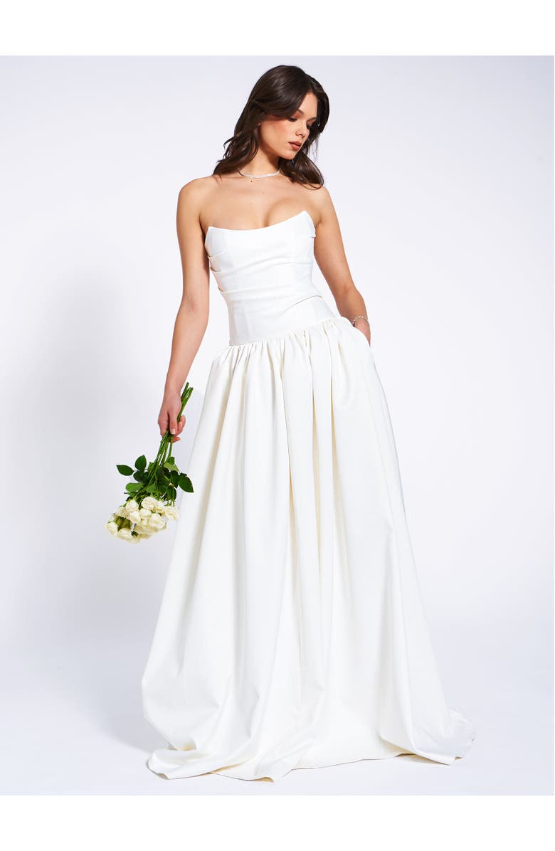 Miss Circle Umay Drop Waist Satin Corset Bridal Gown, Main, color, White
