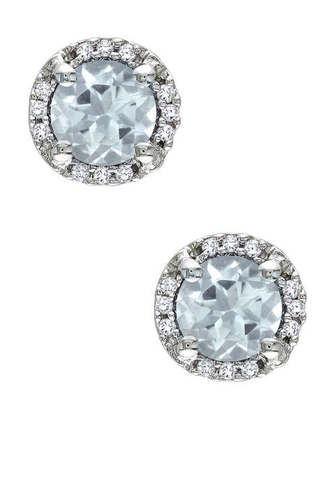 Sterling Silver Aquamarine & Diamond Halo Stud Earrings - 0.07ct.