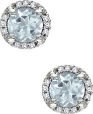 DELMAR Sterling Silver Aquamarine & Diamond Halo Stud Earrings - 0.07ct.