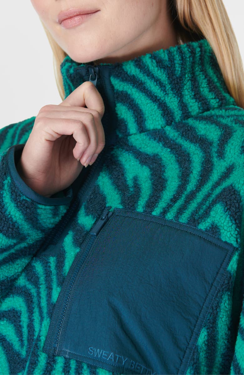 Sweaty Betty Karma Zebra Print Quarter Zip Fleece Pullover, Alternate, color, Green Abstract Zebra Print