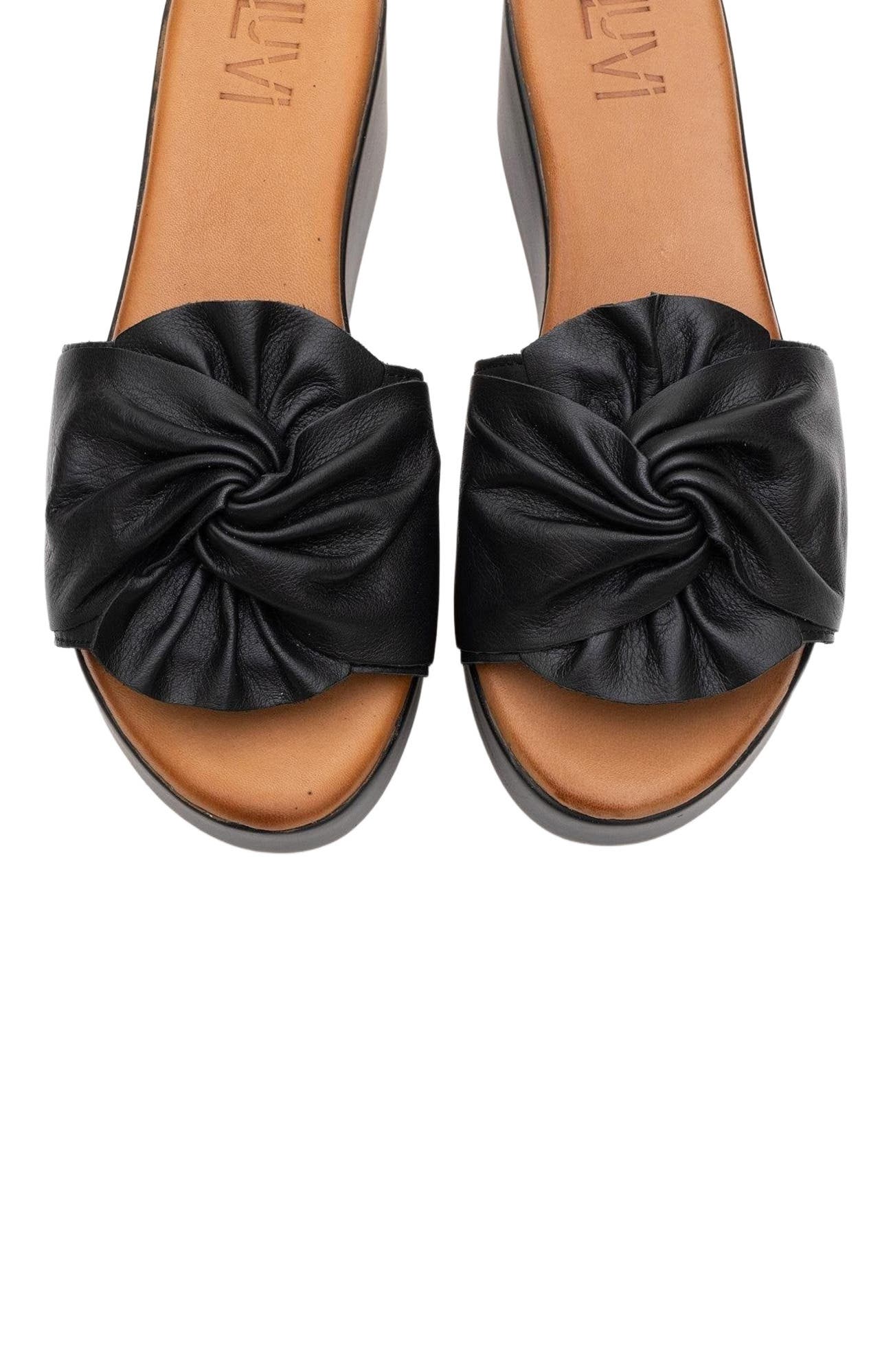 Forever & Always Shoes Syndra Bow Wedge Leather Sandal, Alternate, color, Black Leather