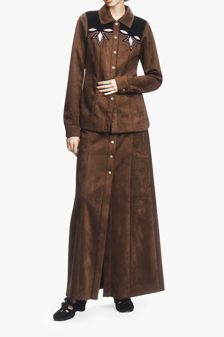 Faux Suede Appliqué Skirt, Alternate, color, Mocha Multi