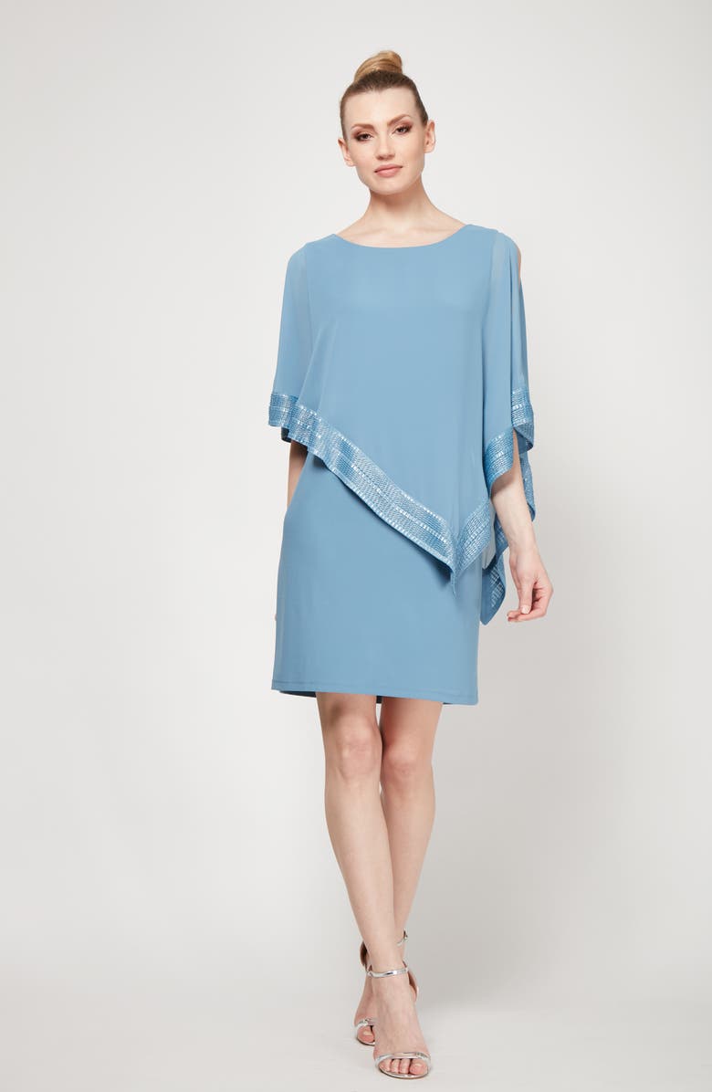 SL FASHIONS Foil Trim Asymmetrical Popover Capelet Sheath Dress, Alternate, color, Coronet/Silver