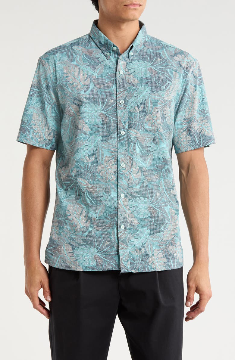 Tori Richard Aero Leaves Short Sleeve Button-Down Shirt, Main, color, Harbor