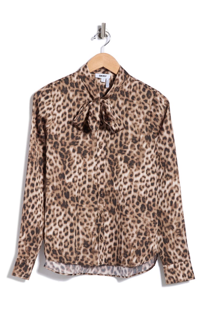 Leopard Print Satin Tie Neck Shirt, Alternate, color, BIRCH/ TRAVERTINE MULTI