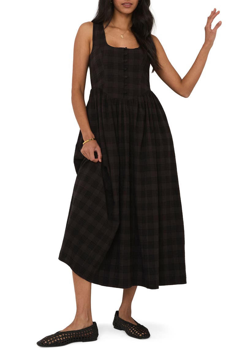 Cora Plaid Midi Dress, Main, color, BLACK