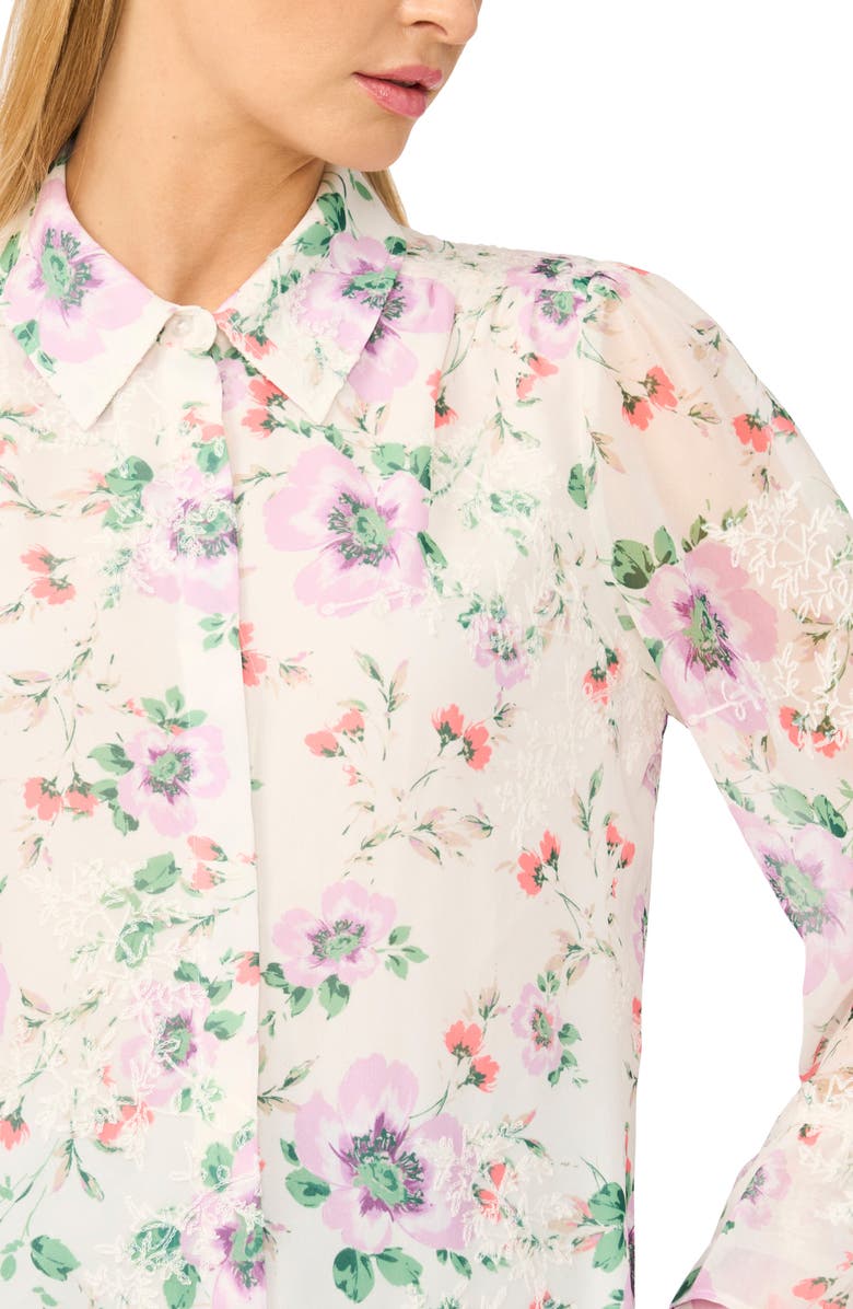 CeCe Floral Print Ruffle Cuff Shirt, Alternate, color, New Ivory