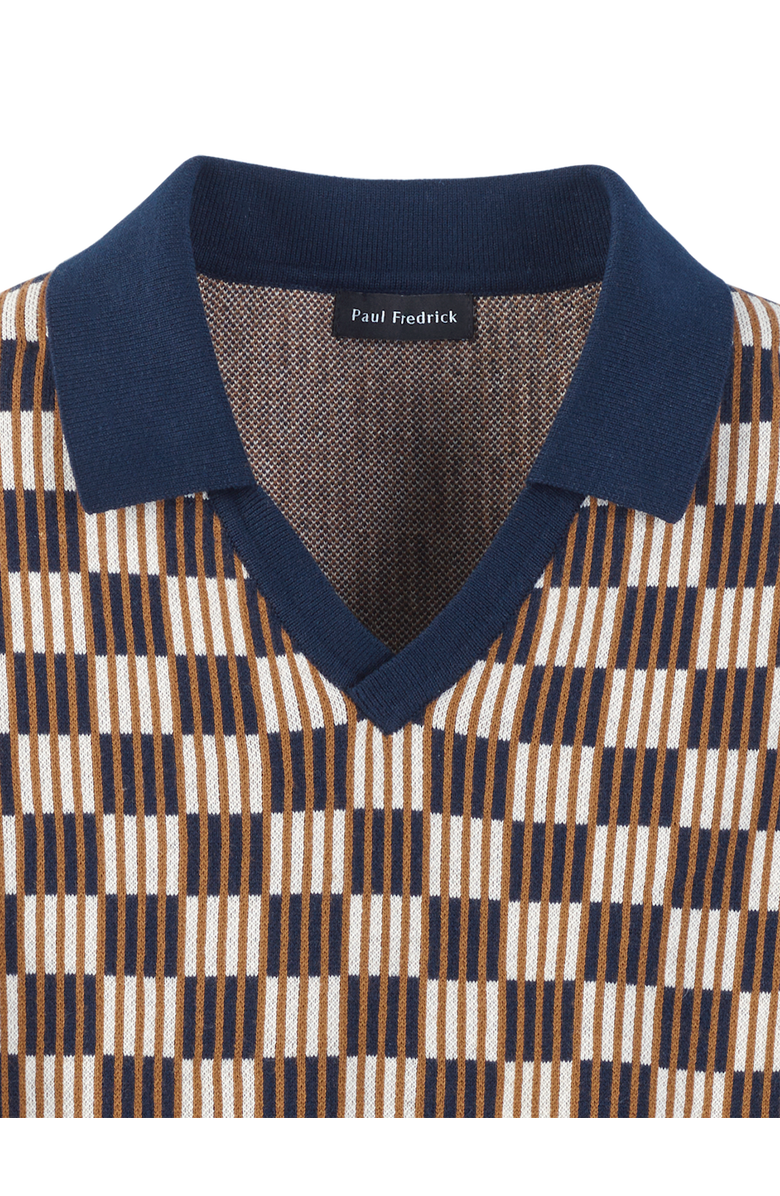 Paul Fredrick Cotton V-Neck Polo Short Sleeve, Alternate, color, Navy/Brown