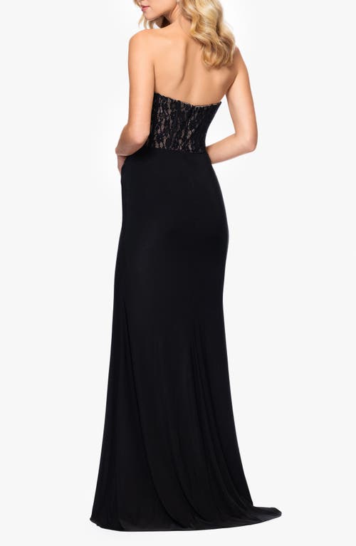 BETSY & ADAM BETSY & ADAM SEQUIN LACE BODICE STRAPLESS GOWN