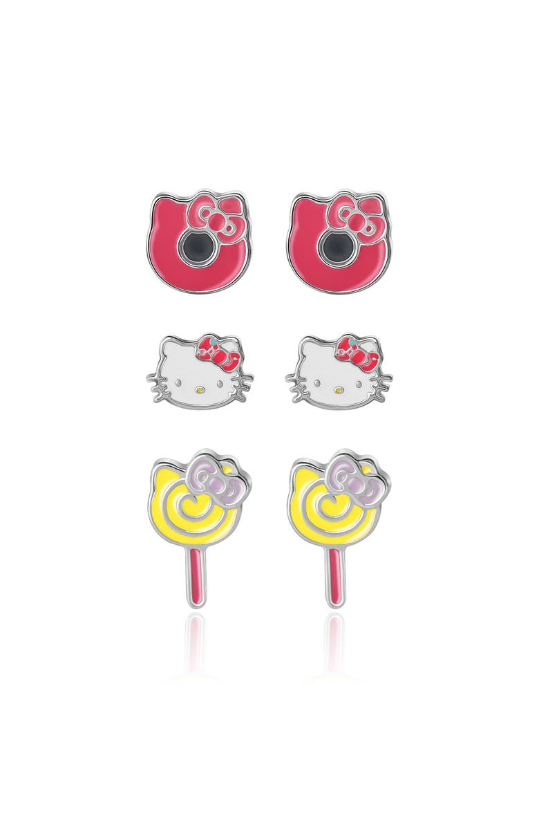Hello Kitty Set of 3 Earrings with Stud & Clip-On Styles, Main, color, Pink, Blue, Yellow