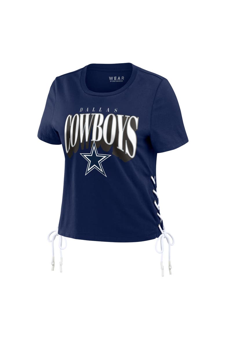 Women's WEAR by Erin Andrews Navy Dallas Cowboys Lace Up Side Modest Cropped T-Shirt, Alternate, color, Navy