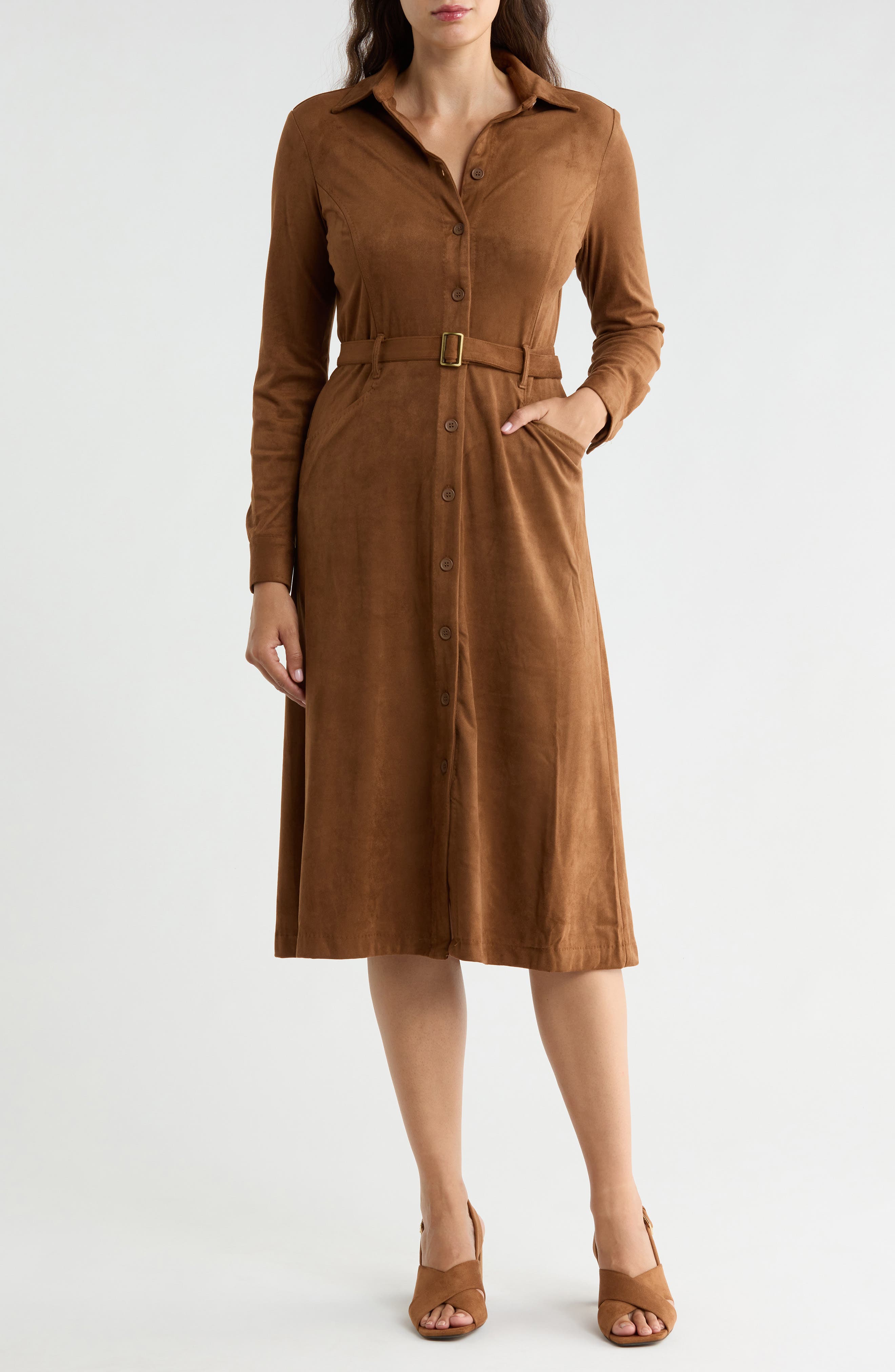Faux Suede Long Sleeve Belted Shirtdress