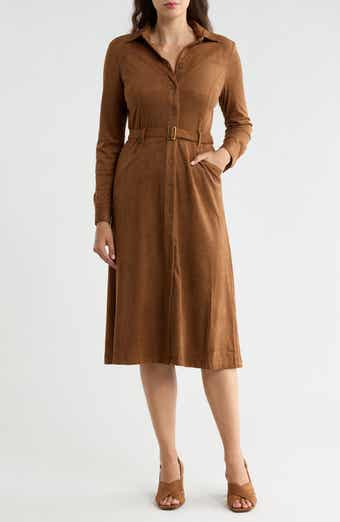Faux Suede Long Sleeve Belted Shirtdress