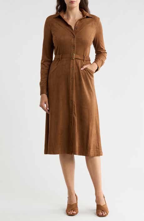 Faux Suede Long Sleeve Belted Shirtdress