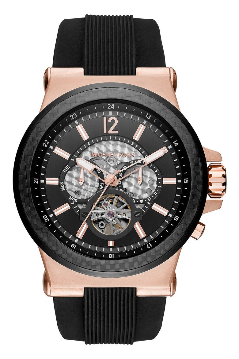 'Dylan' Chronograph Silicone Strap Watch, 48mm, Main, color, BLACK/ ROSE GOLD