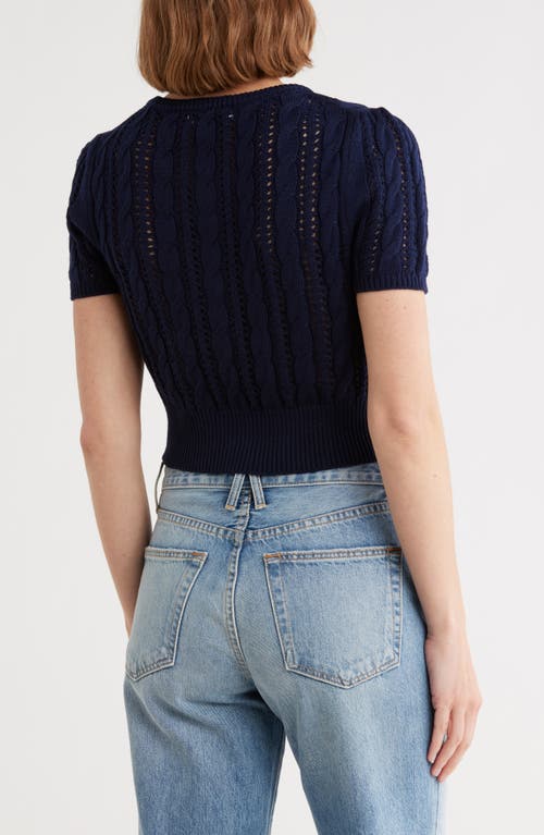 Vigoss Crop Pointelle Short Sleeve Cardigan In Blue