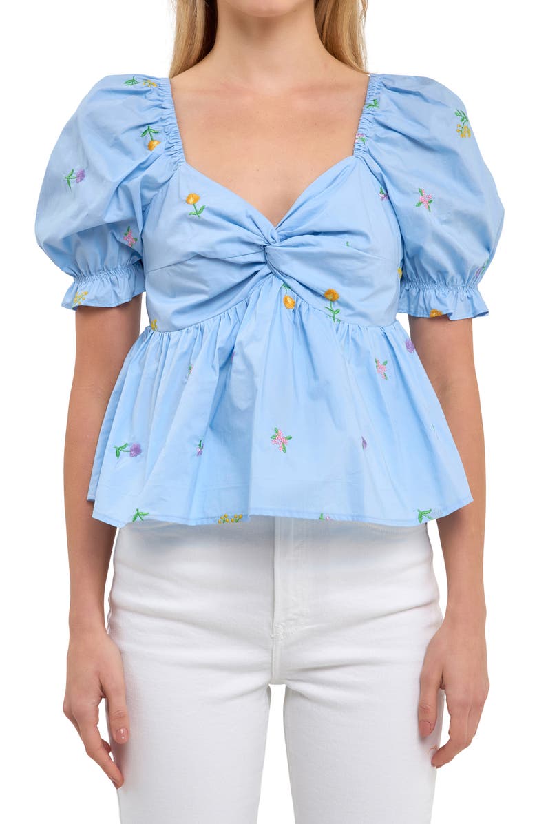 English Factory Floral Embroidered Puff Sleeve Babydoll Top, Alternate, color, Powder Blue Multi