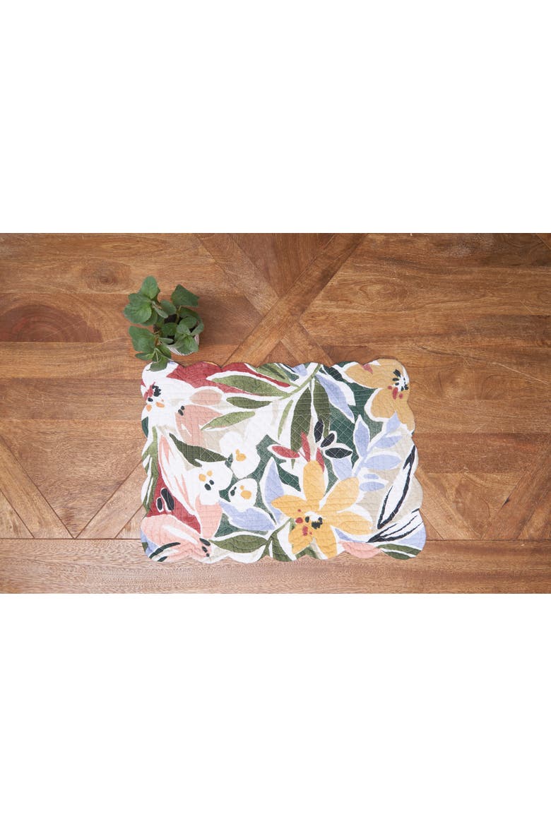 Joelle Palm Leaves & Flowers 100% Cotton Set of 6 Placemats 13" x 19", Alternate, color, Green