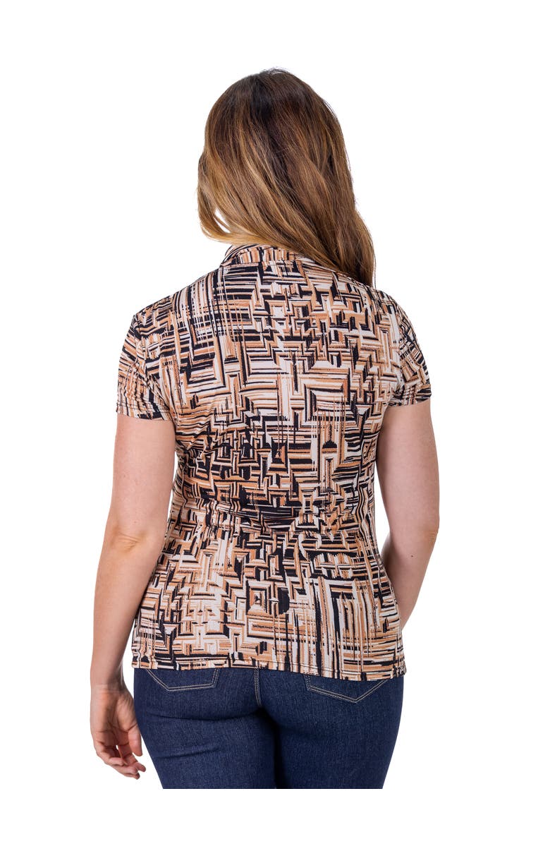 24seven Comfort Apparel Petites Brown Print Short Sleeve V-Neck Wrap Top, Alternate, color, Brown Multi