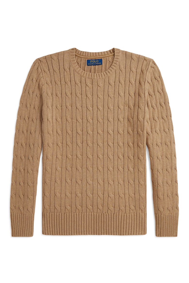 Kids' Cable Knit Cotton Sweater, Main, color, CAMEL HEATHER