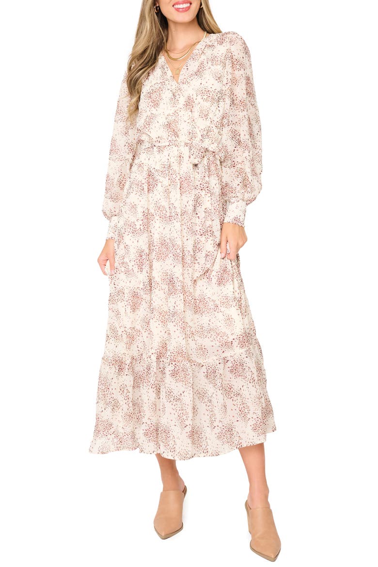 Abstract Print Long Sleeve Maxi Dress, Main, color, DOT FAWN PRINT