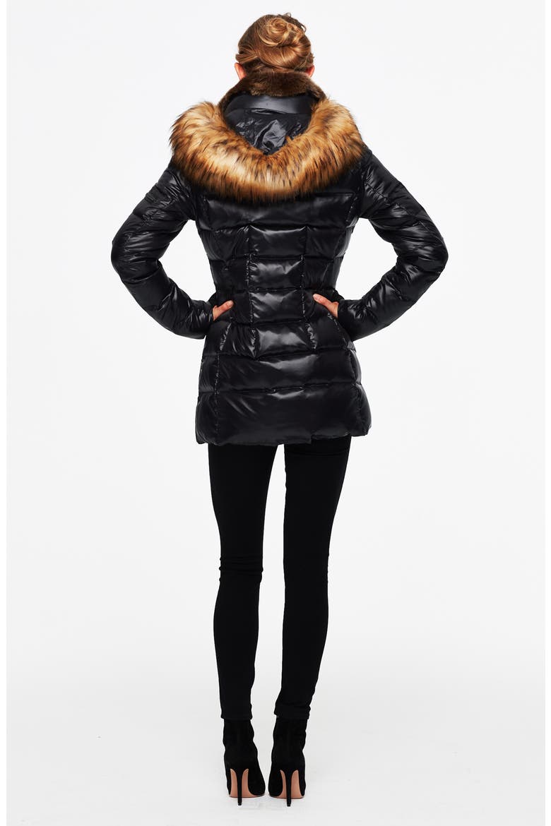 Chelsea Water Repellent Puffer Coat with Faux Fur Trim, Alternate, color, JET/ NATURA