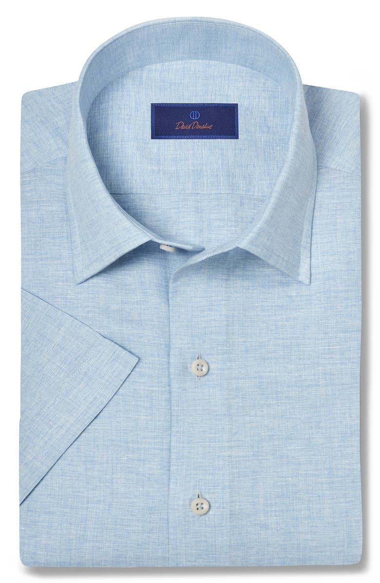 David Donahue Short Sleeve Linen & Cotton Sport Shirt, Alternate, color, Sky