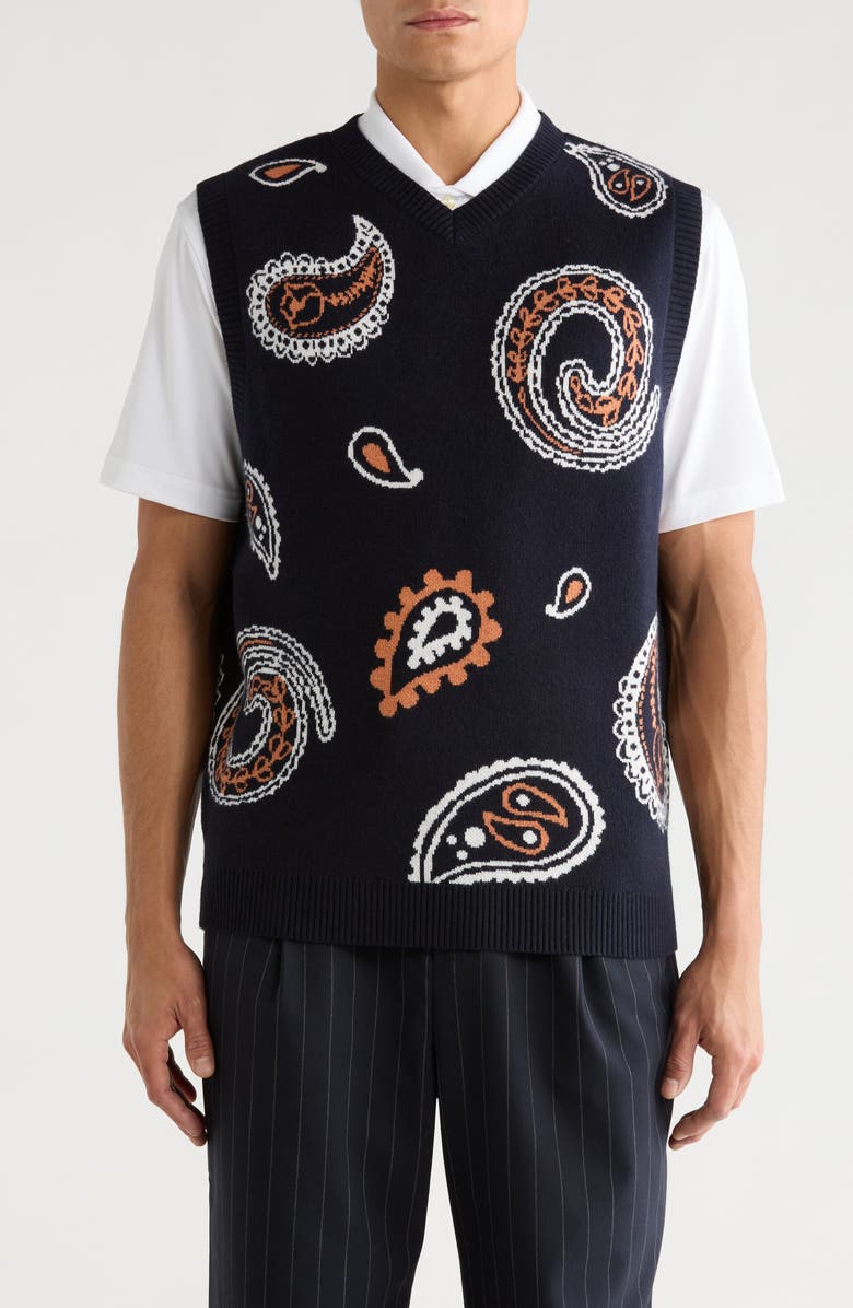 Malbon Golf Paisley Sweater Vest, Main, color, Navy
