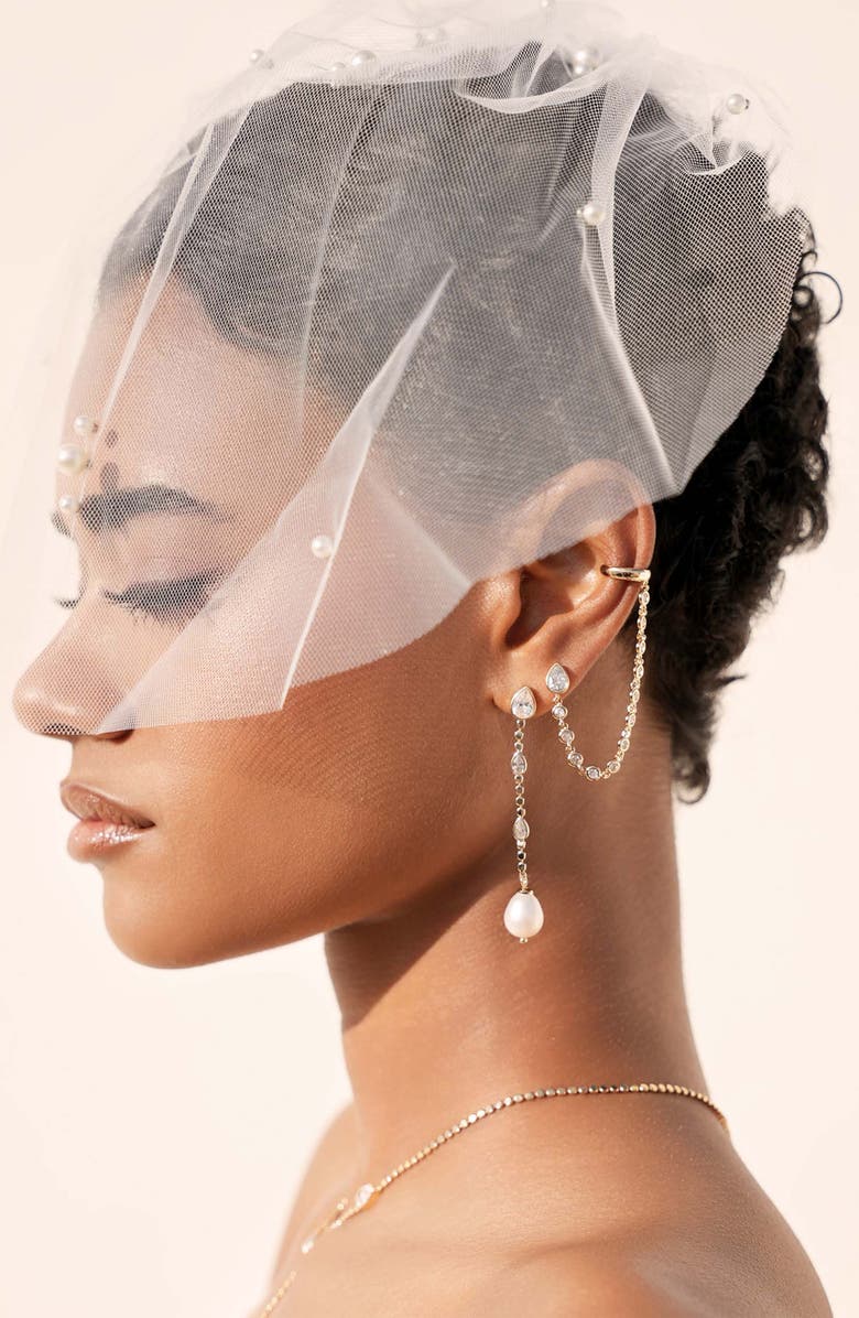 Ettika Teardrop Cubic Zirconia & Freshwater Pearl Drop Earrings, Alternate, color, Gold