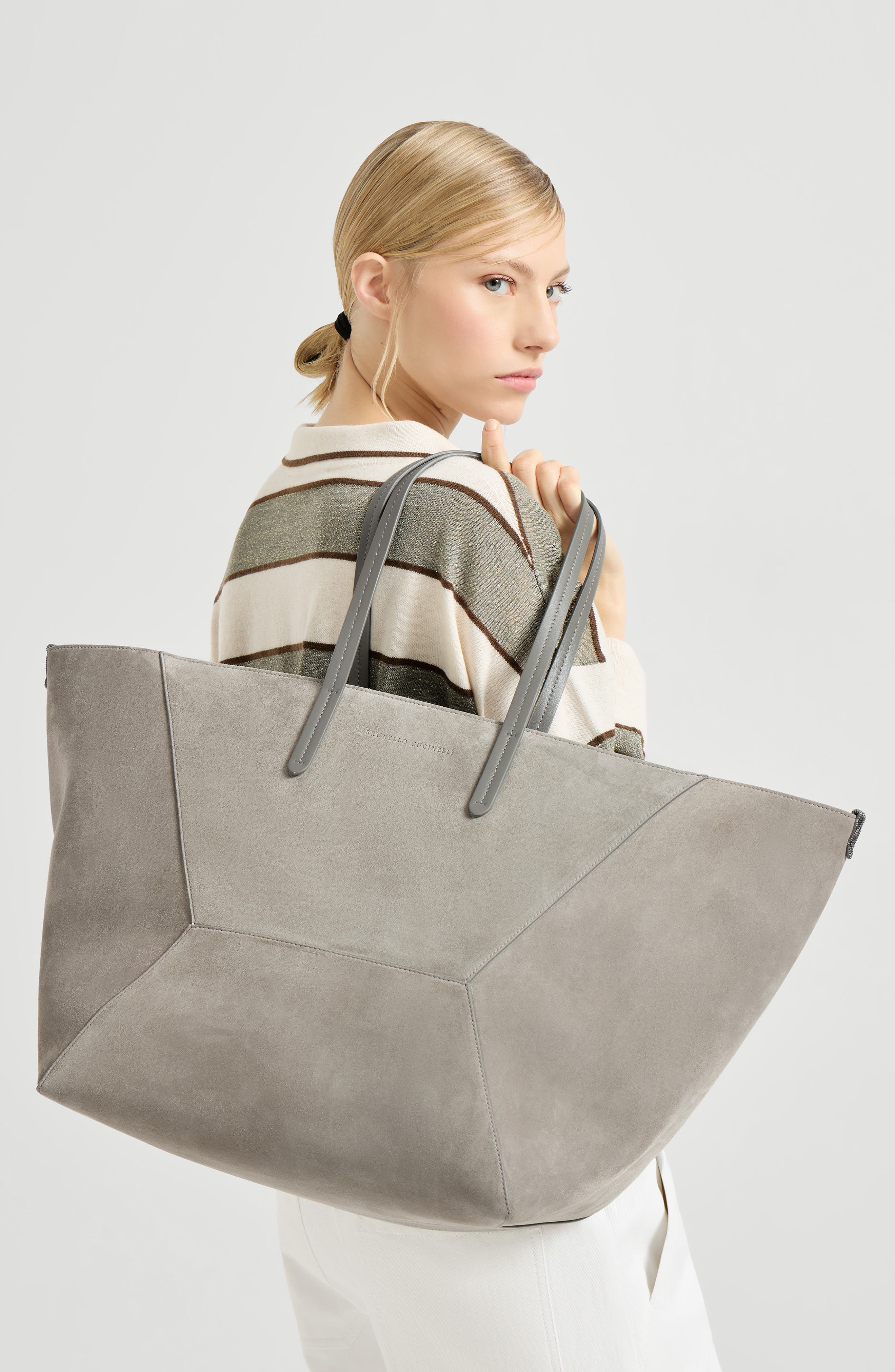 Brunello Cucinelli Suede large BC Duo bag, Alternate, color, Khaki