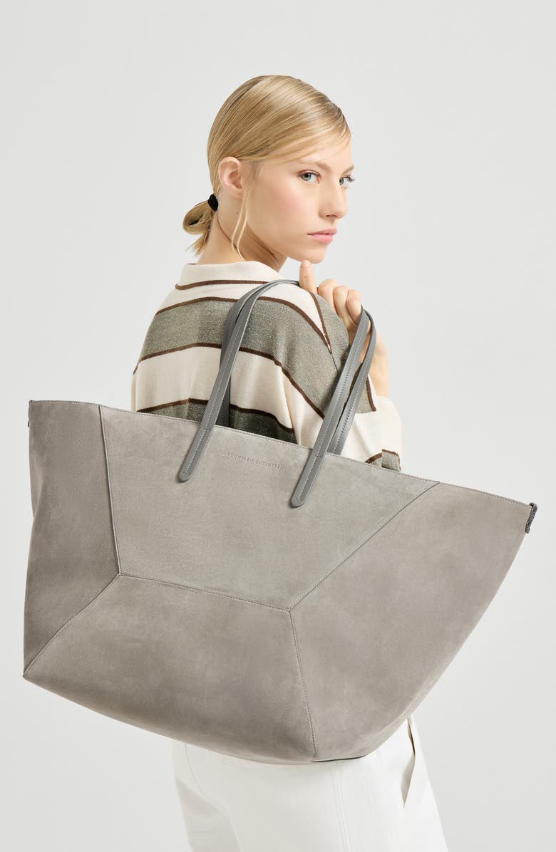 Brunello Cucinelli Suede large BC Duo bag, Alternate, color, Khaki