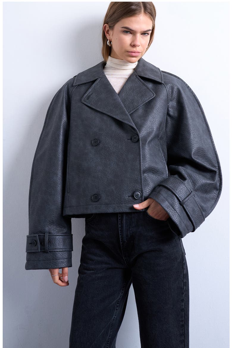 Ovoid Sleeve Short Faux Leather Trench Coat, Main, color, BLACK