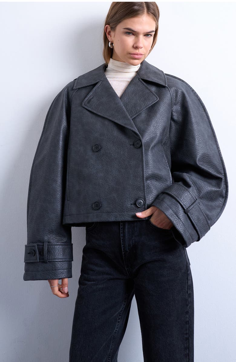 Topshop Ovoid Sleeve Short Faux Leather Trench Coat, Main, color, Black