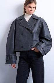 Topshop Ovoid Sleeve Short Faux Leather Trench Coat