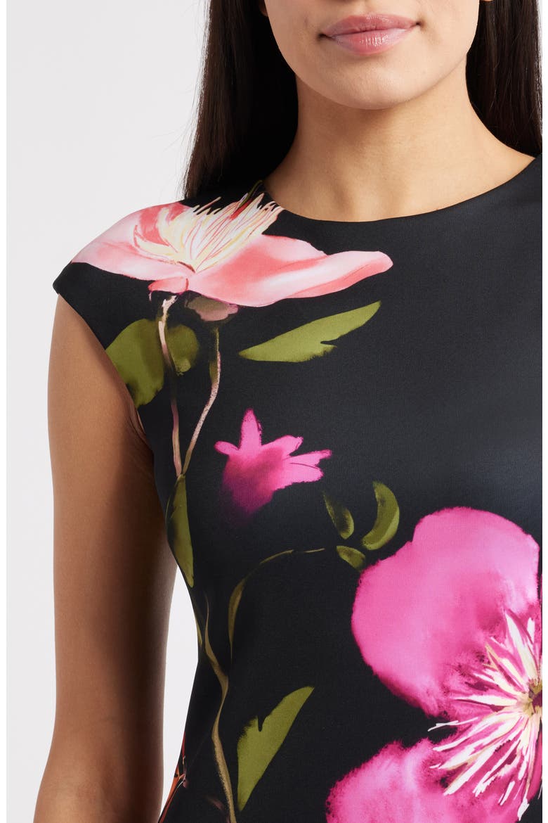 Floral Cap Sleeve Sheath Midi Dress, Alternate, color, BLACK