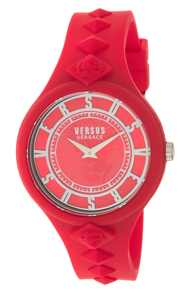 VERSUS Versace Women's Fire Island Studs Silicone Strap Watch, 39mm, Main, color, Red