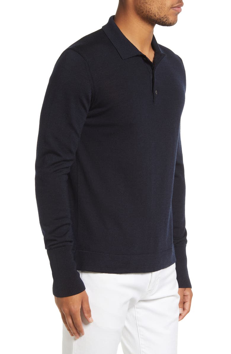 Officine Générale Brutus Long Sleeve Wool & Lyocell Polo, Alternate, color, Navy