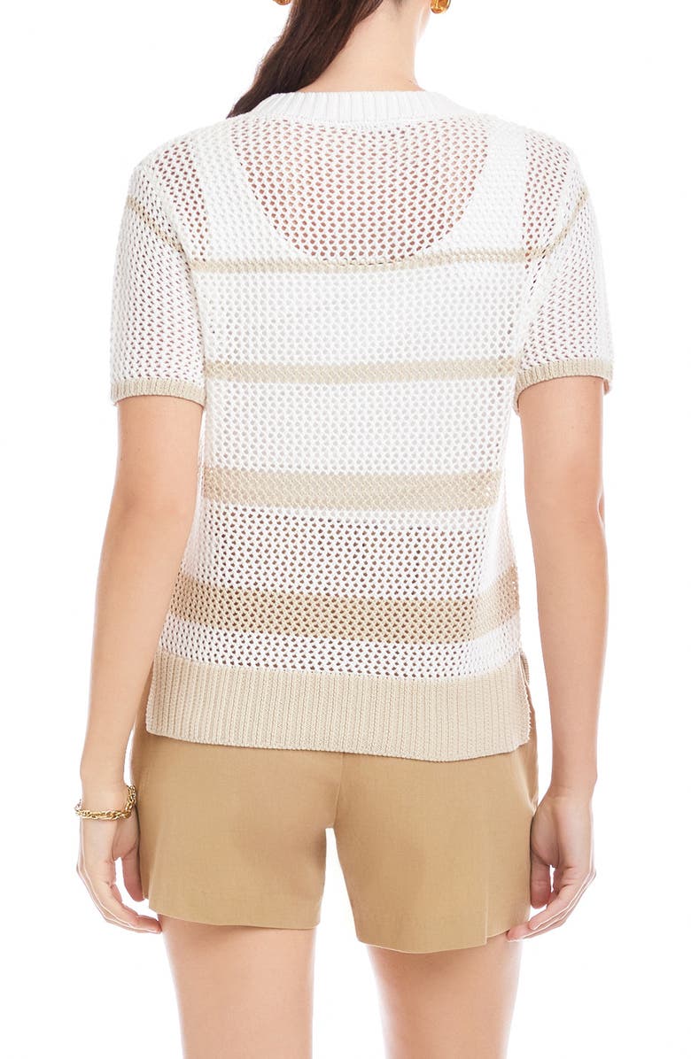 FIFTEEN TWENTY Faye Stripe Short Sleeve Mesh Stitch Sweater, Alternate, color, Cream/ Khaki