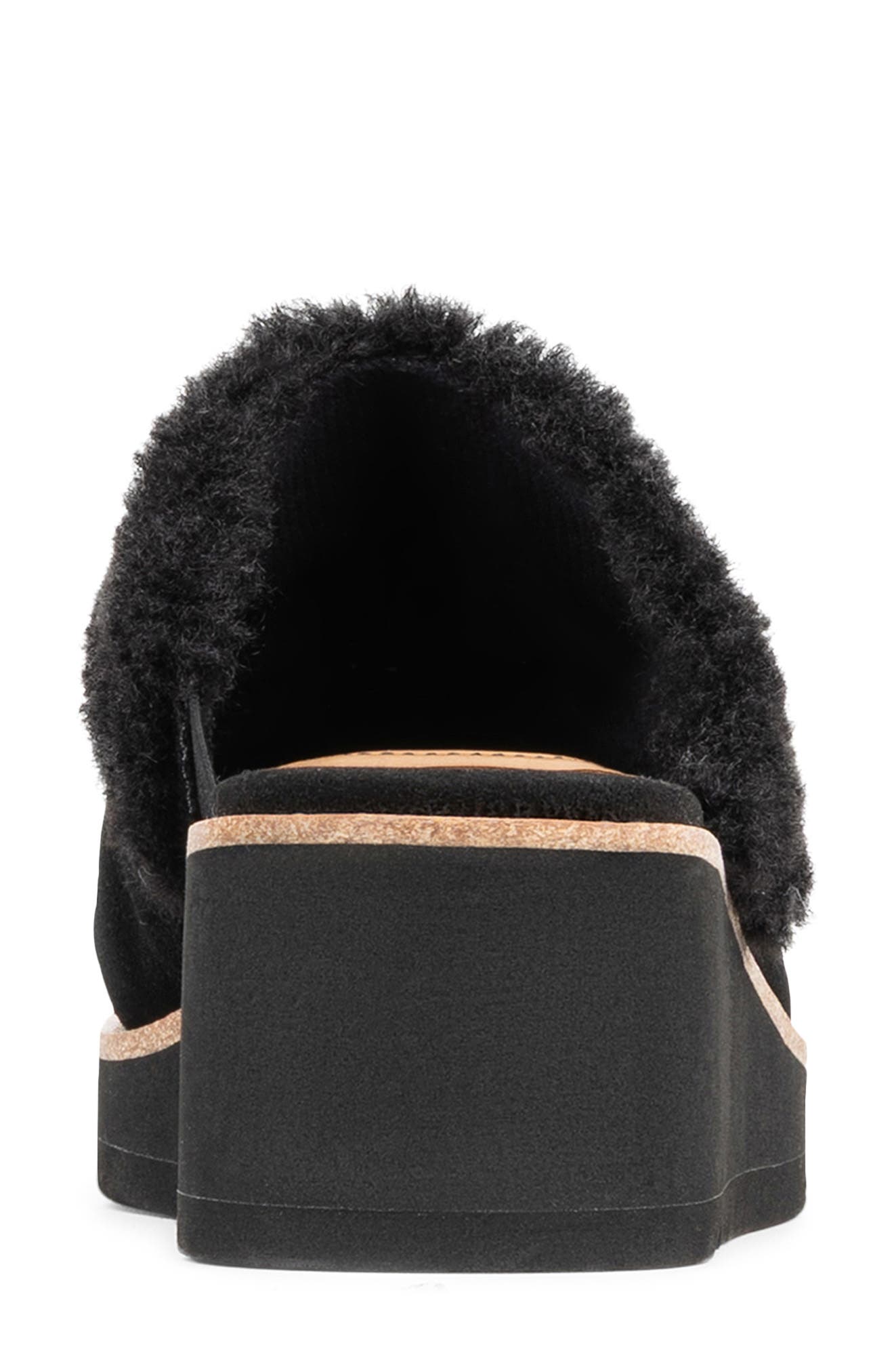 Elate Faux Shearling Trim Wedge Mule, Alternate, color, BLACK