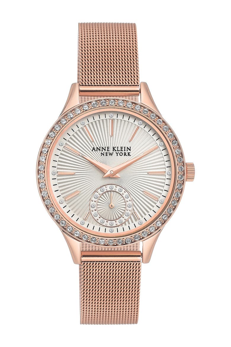 Women's Rose Gold Crystal Accent Mesh Bracelet Watch, 34.5mm, Main, color, NO COLOR
