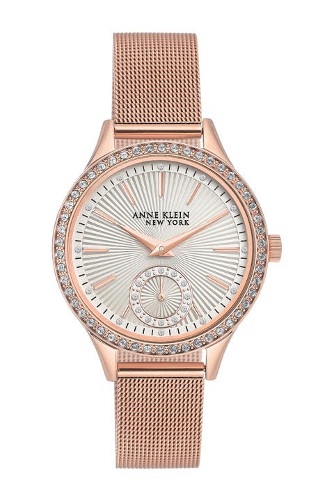 Women's Rose Gold Crystal Accent Mesh Bracelet Watch, 34.5mm