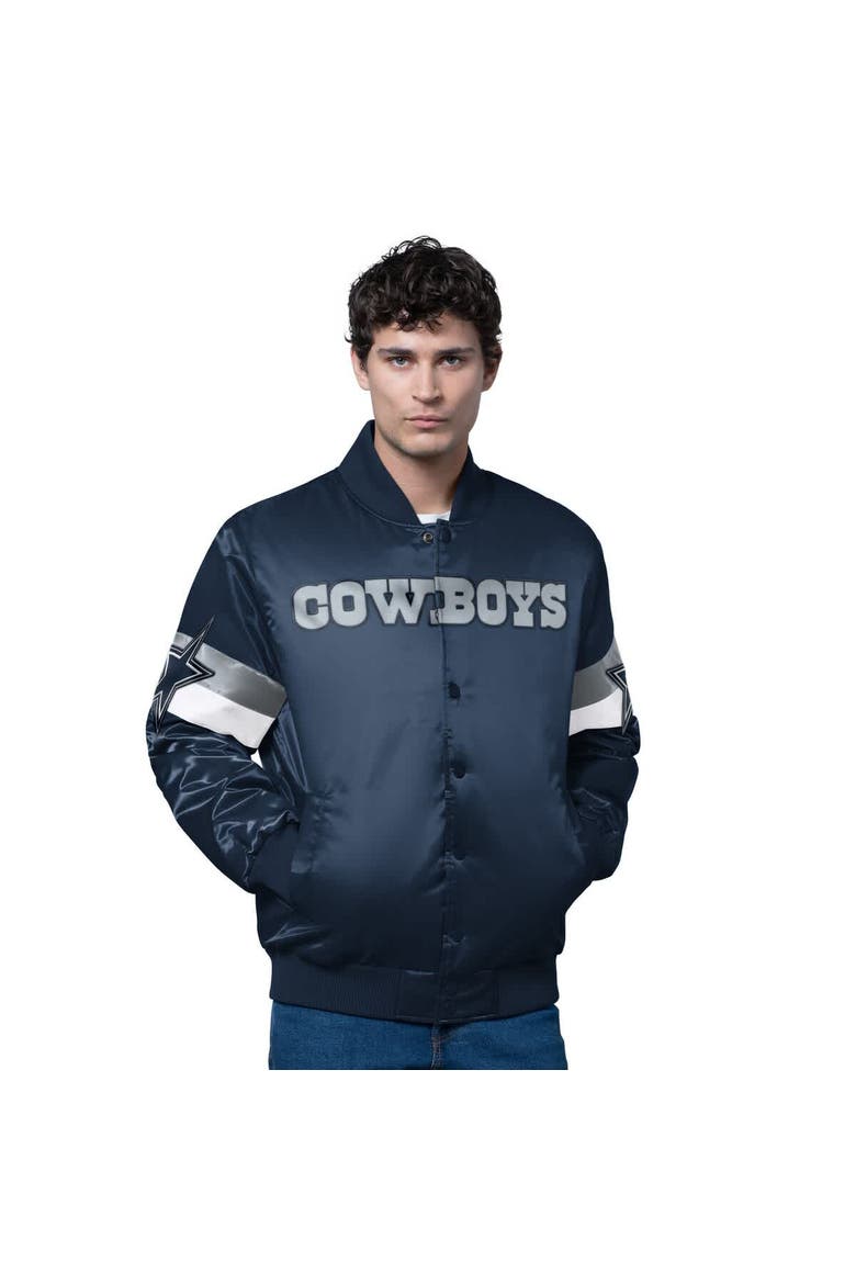 Men's Starter Navy Dallas Cowboys Triple Option Satin Varsity Vintage Logo Full-Snap Jacket, Main, color, Navy