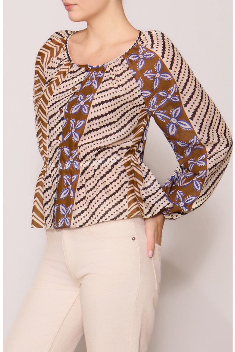 Long Sleeve Button Front Peplum Top, Alternate, color, BROWN BLUE PRINT
