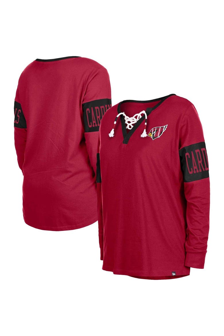 Women's New Era Cardinal Arizona Cardinals Lace-Up Notch Neck Long Sleeve T-Shirt, Alternate, color, Cardinal
